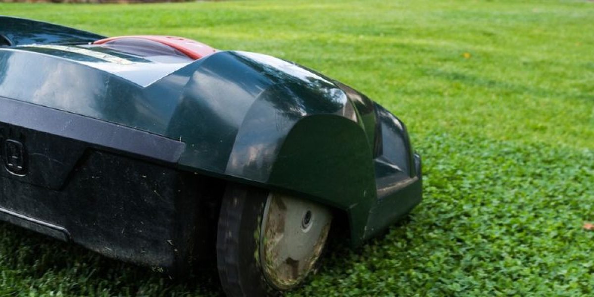 Moderne robot grasmaaier maait automatisch het groene gazon.